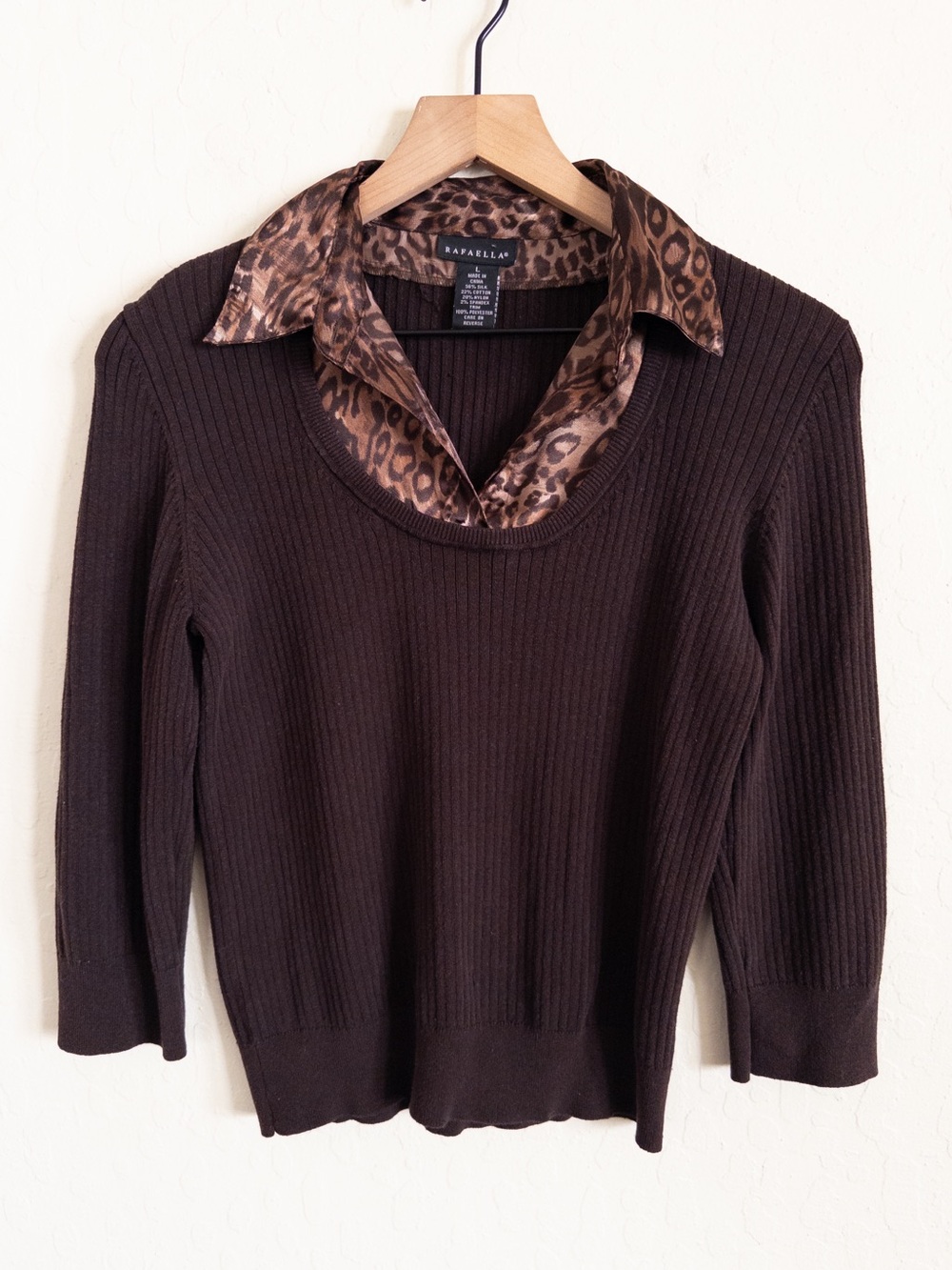 Vintage 90s Y2K Rafaella Silk Cotton Layered Sweater Top Large Leopard Chocolate